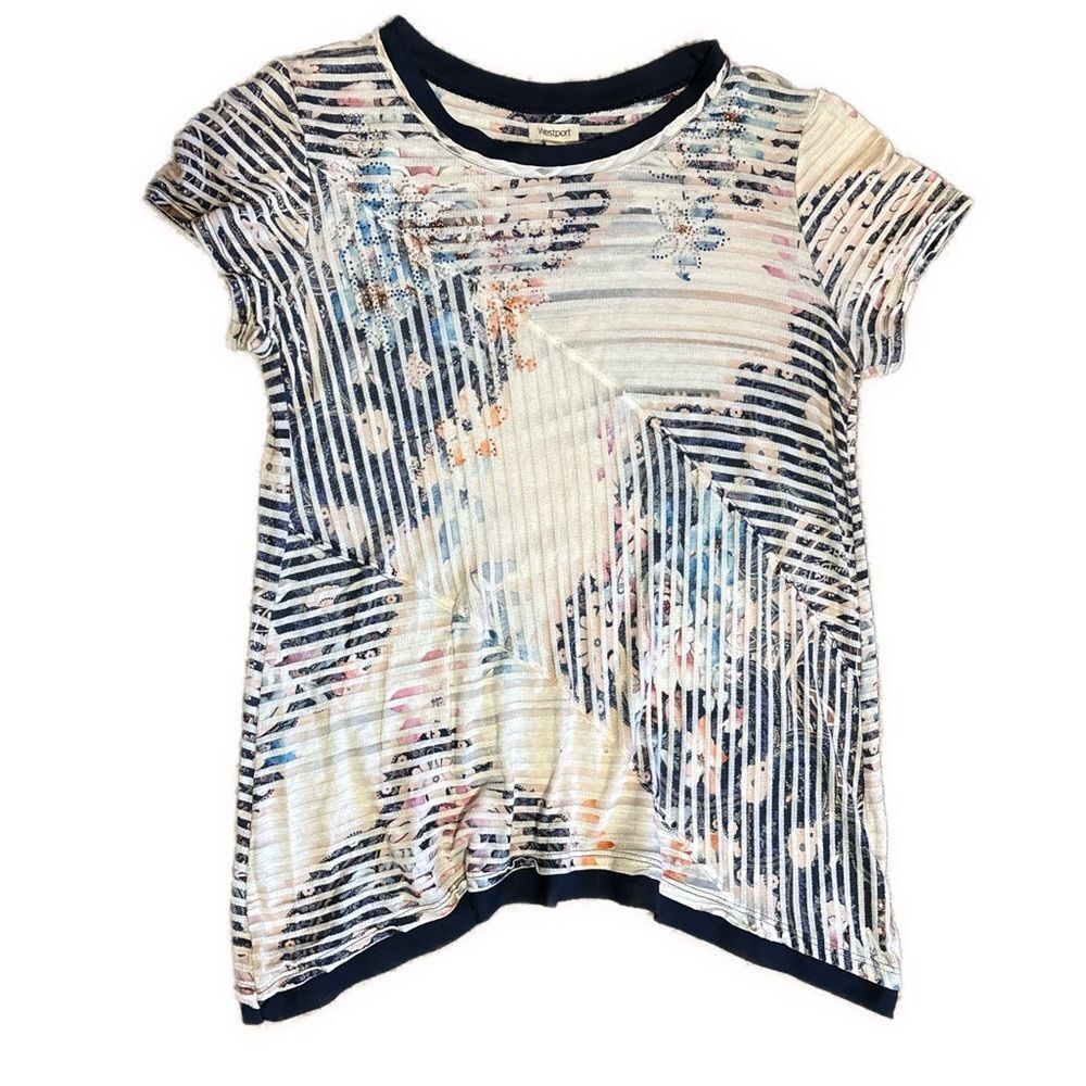 Women’s Westport Small Navy and White Striped Floral Studded Short Sleeve Top
